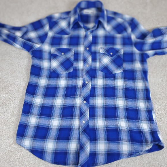 Wrangler Wrancher Men's Flannel Shirt Blue Plaid Long Sleeve Size L Pearl Snaps - Picture 13 of 16